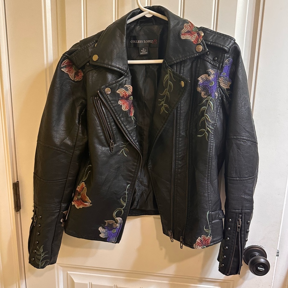 Colleen Lopez Vegan Leather Embroidered Jacket XS